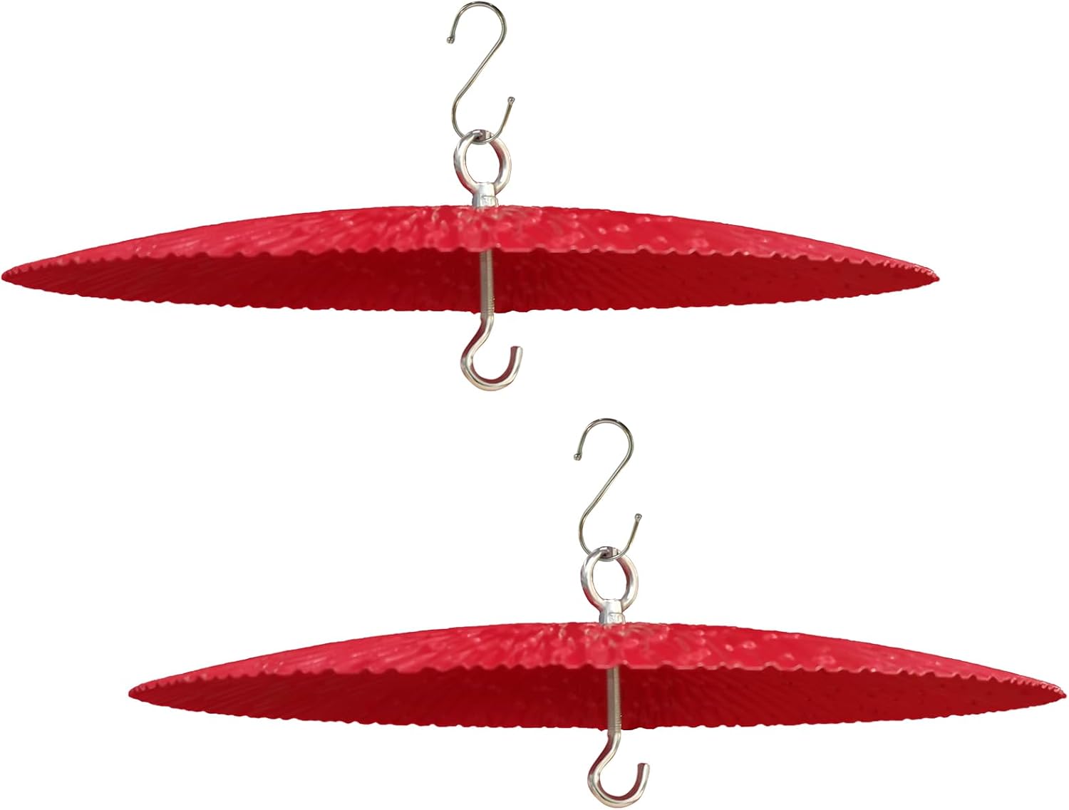 Red metal protective dome baffle mounted above a hummingbird feeder